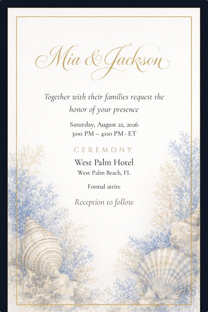 Wedding invitation for Mia and Jackson, Saturday the twenty-second of August 2026 at three in the afternoon, West Palm Hotel, West Palm Beach, Florida. Formal attire, reception to follow.