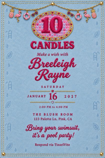 Pool party birthday invitation on pale blue denim: an oval pink tile patch reading 10, CANDLES in raspberry stitching, a charm garland, script name, and date and venue below.