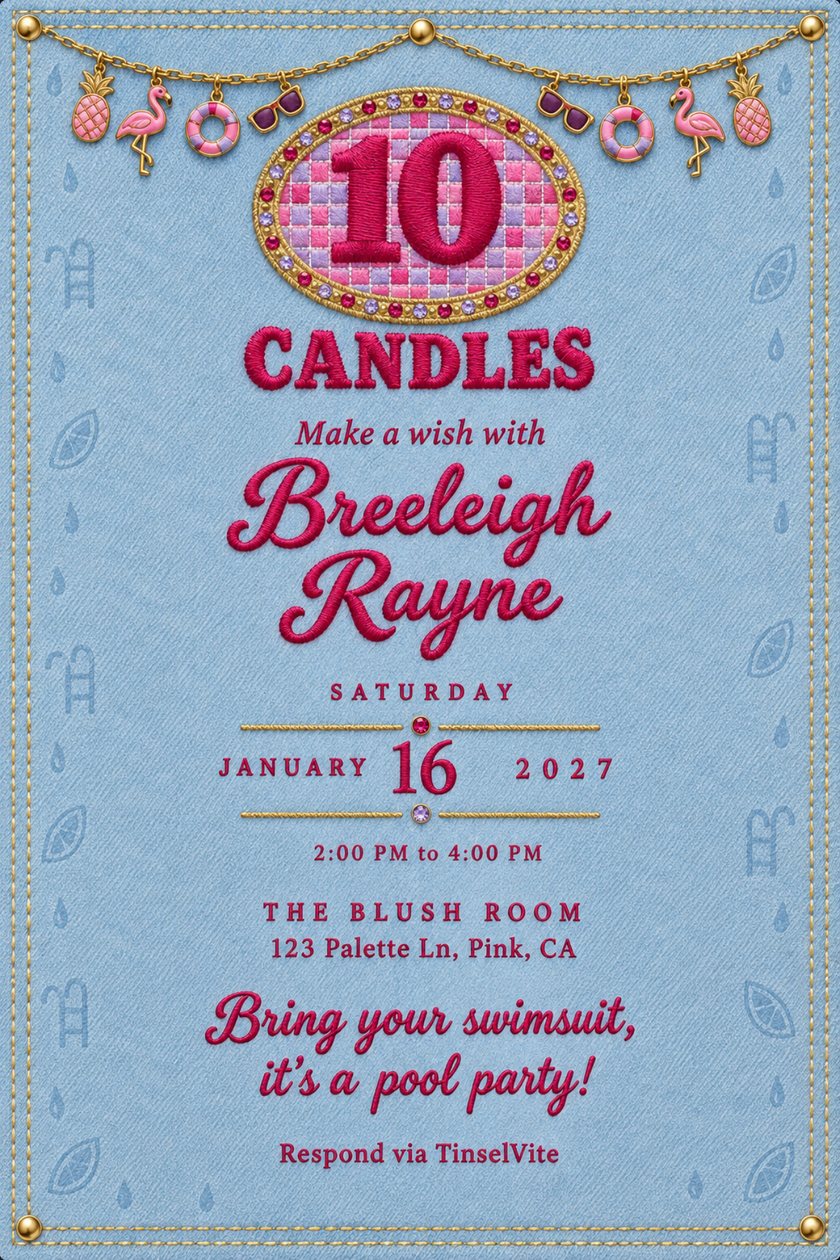 Pool party birthday invitation on pale blue denim: an oval pink tile patch reading 10, CANDLES in raspberry stitching, a charm garland, script name, and date and venue below.