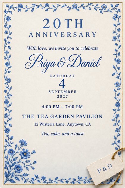 Porcelain-white card with gold rim and cobalt vine border, blue asters at lower left, deckled tag lettered P & D on gold cord. Painted at the top: 20TH ANNIVERSARY, with the date and venue below.