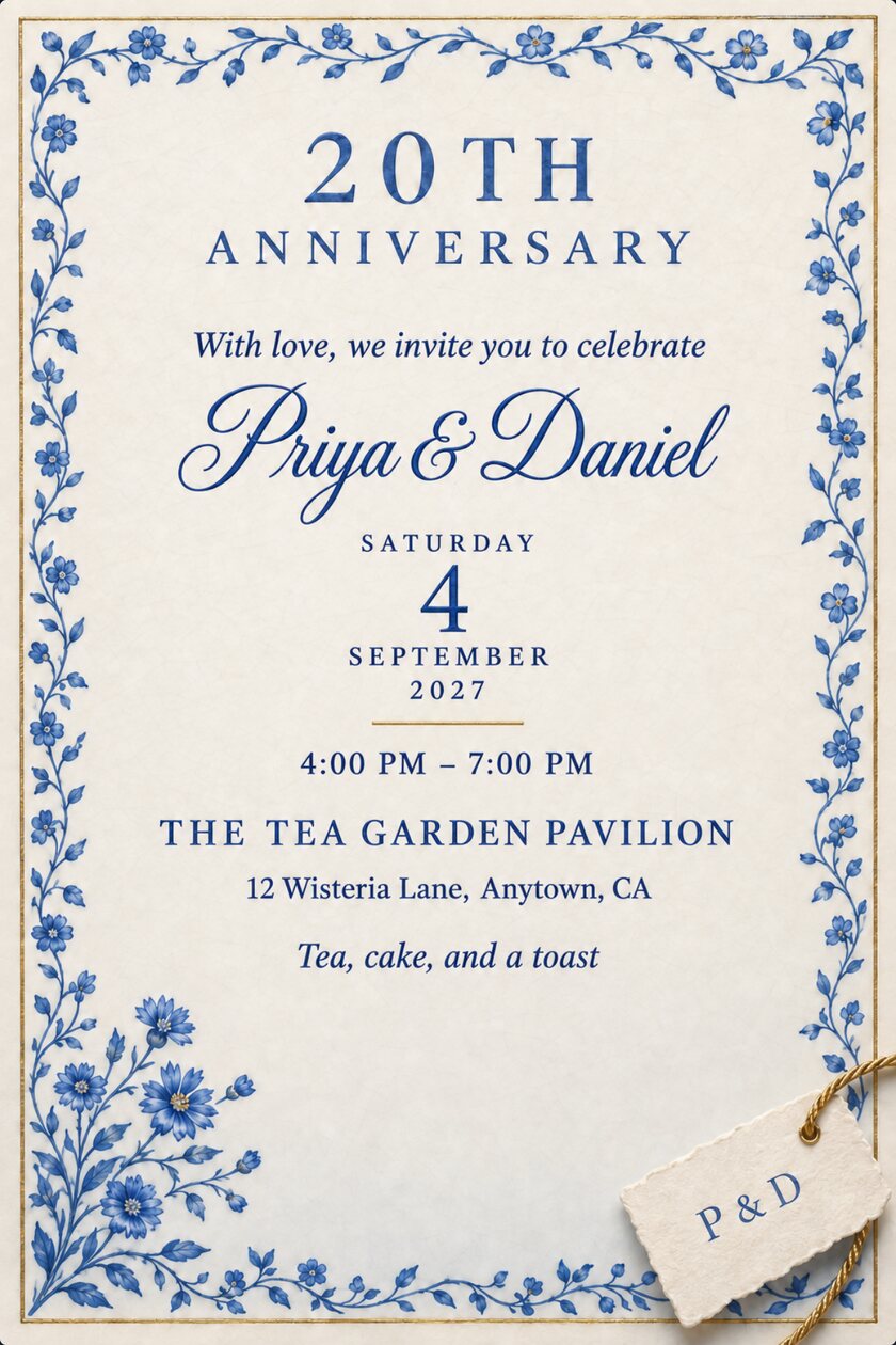 Fine China anniversary invitation: Porcelain-white card with gold rim and cobalt vine border, blue asters at lower left, deckled tag lettered P & D on gold cord. Painted at the top: 20TH ANNIVERSARY, with the date and venue below.