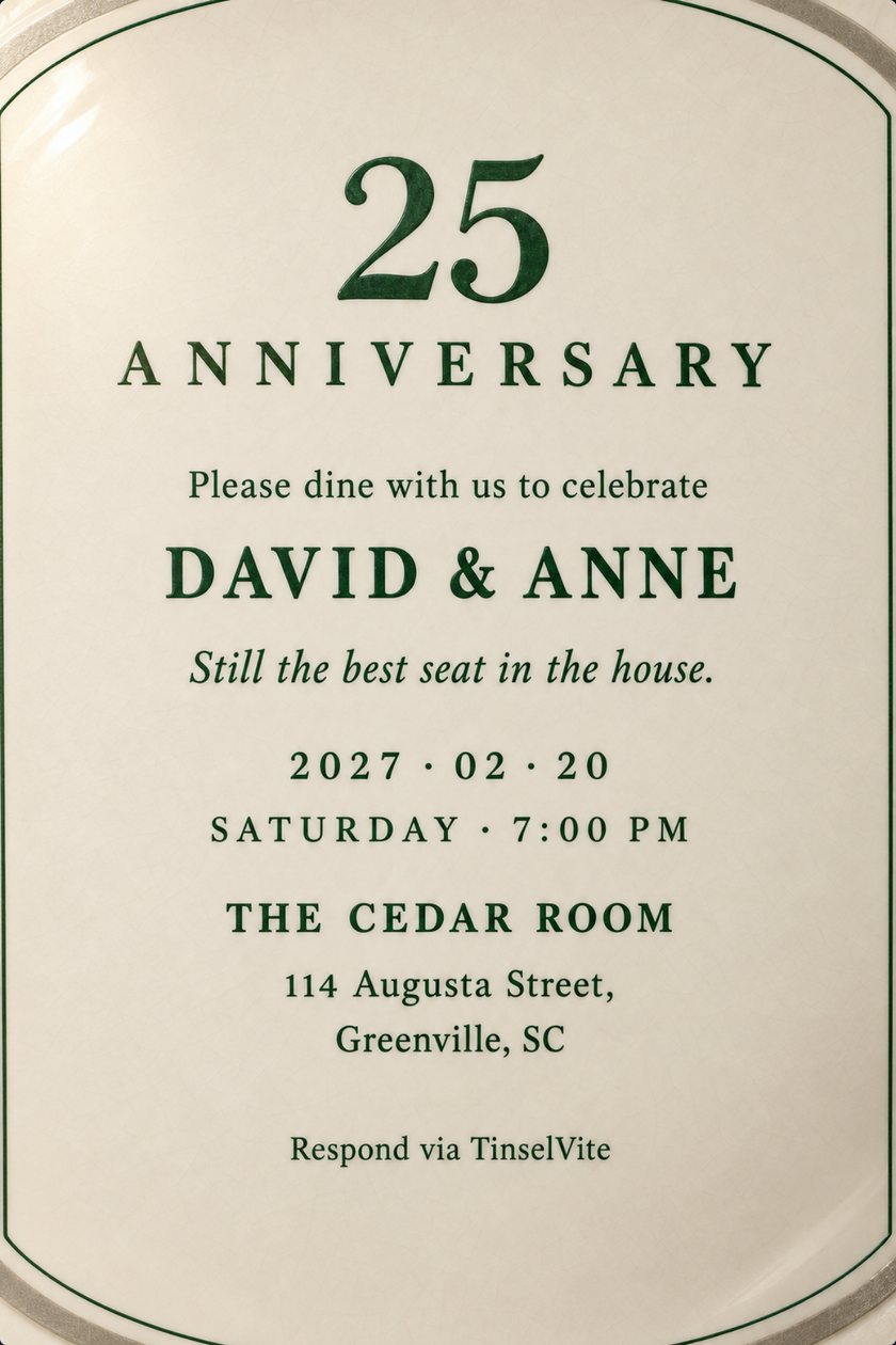 Ivory bone china plate with a platinum rim and a fine green hairline, lettered in forest green: a large 25 above ANNIVERSARY, then DAVID & ANNE, with the date and venue below.