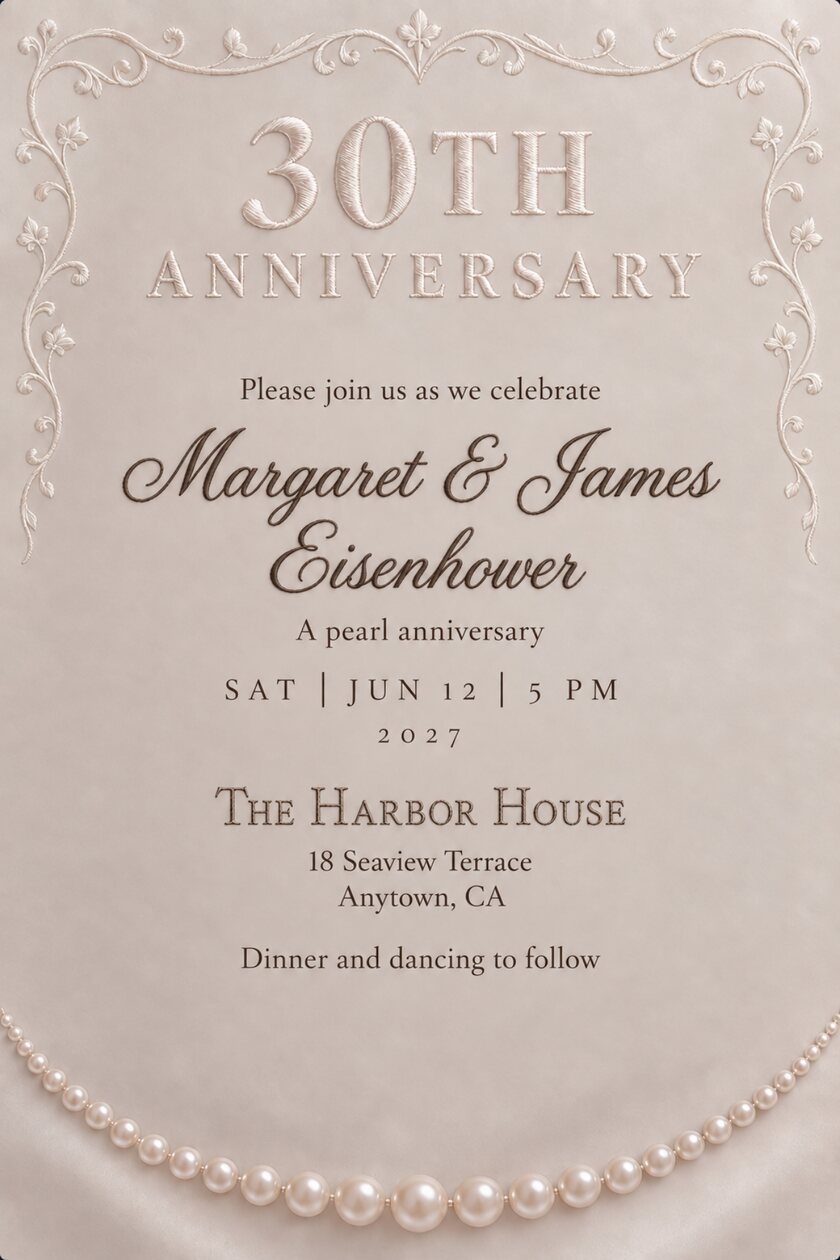 Pearl-white satin card with raised ivory embroidery reading 30TH ANNIVERSARY at the top, fine scrollwork down both sides and a strand of graduated pearls swagged across the lower edge, names and details below.
