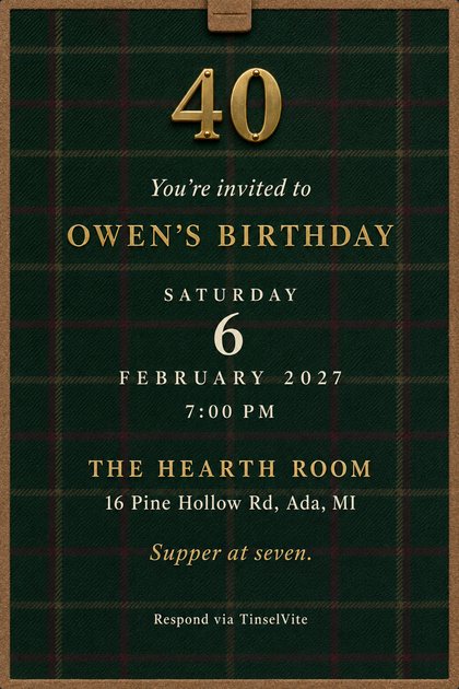 Birthday invitation on forest green tartan wool with a camel suede border and tab, a large riveted brass 40 above brass capitals, with the date and venue below.