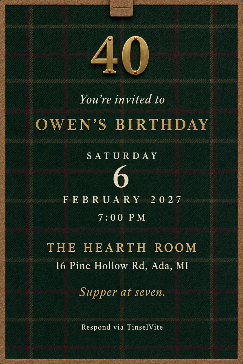 Birthday invitation on forest green tartan wool with a camel suede border and tab, a large riveted brass 40 above brass capitals, with the date and venue below.
