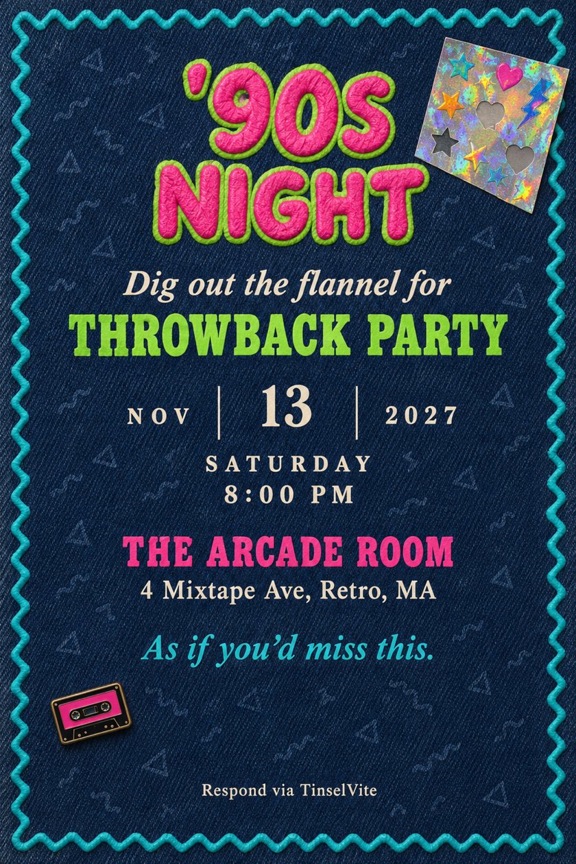 Just because invitation for a '90s night on blue denim: pink puffy lettering reading '90s Night, turquoise zigzag border, holographic stickers, cassette pin, date and venue below.