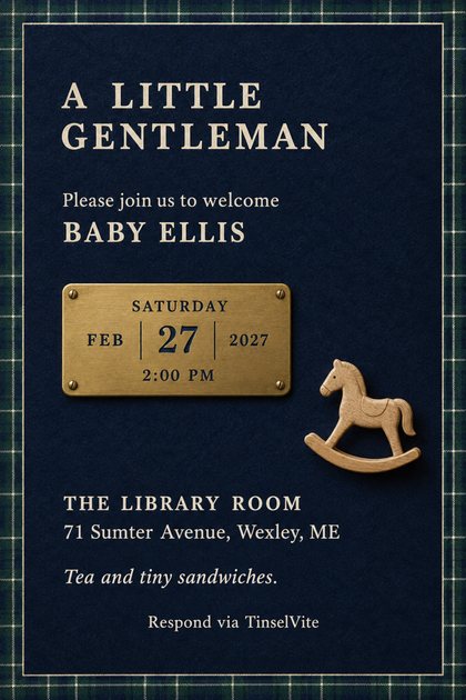 Navy wool card with a navy and green tartan border. Cream lettering reads A LITTLE GENTLEMAN above BABY ELLIS, with a screwed brass date plaque, a wooden rocking horse and the venue below.