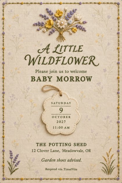 Cream linen card with an embroidered lavender and yellow wildflower bouquet, green script title A Little Wildflower, BABY MORROW, a flower tag with date and time, and the venue below.