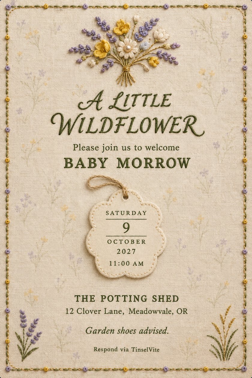 Baby shower invitation: Cream linen card with an embroidered lavender and yellow wildflower bouquet, green script title A Little Wildflower, BABY MORROW, a flower tag with date and time, and the venue below.