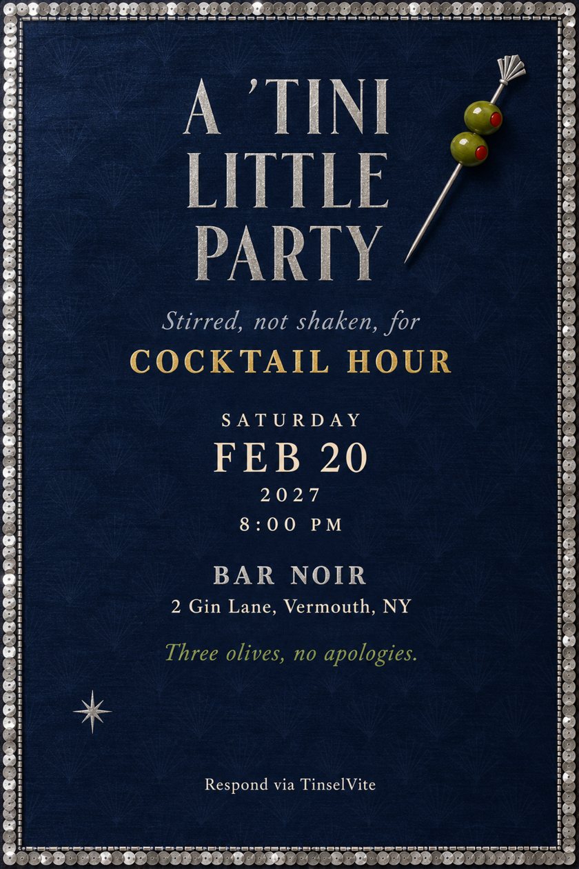 Mom's night out invitation: Martini night invitation on navy silk with a silver sequin border, a silver cocktail pick holding two olives, foil title A'Tini Little Party, and the date and venue below.