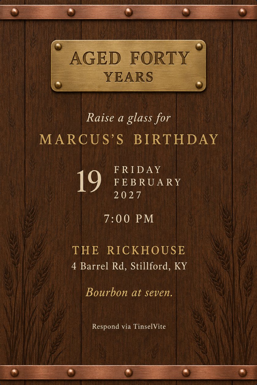 Birthday invitation on dark oak staves with copper hoops top and bottom, a brass plate engraved AGED FORTY YEARS, barley ears branded low, with the date and venue below.