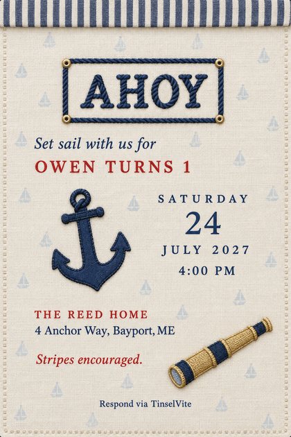 First birthday invitation on ivory muslin with a navy rope frame spelling AHOY, a stitched anchor, a brass spyglass, a striped cuff and the date and venue below.