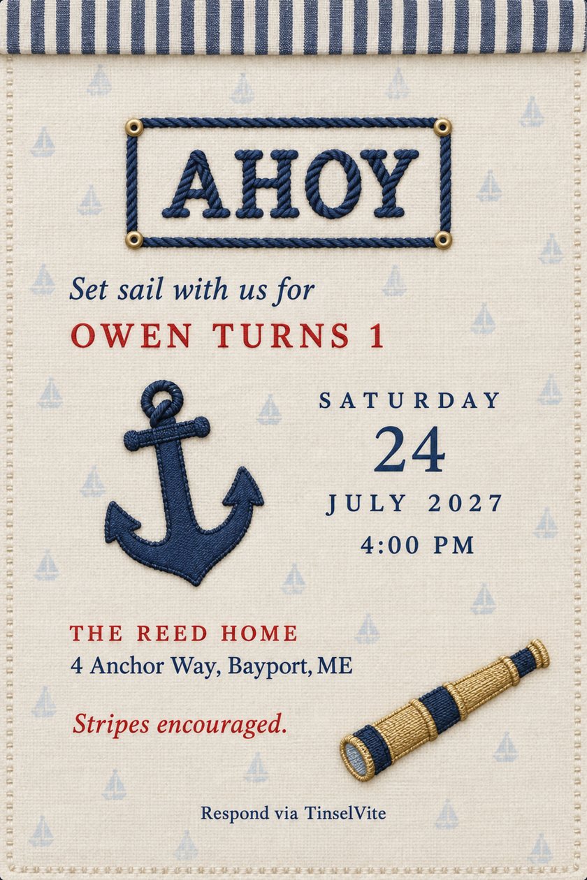 First birthday invitation on ivory muslin with a navy rope frame spelling AHOY, a stitched anchor, a brass spyglass, a striped cuff and the date and venue below.