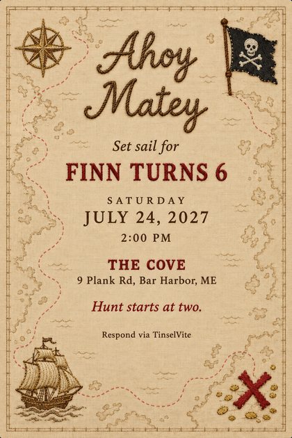 Pirate birthday invitation on tea-stained linen: a stitched treasure map with a red dotted route, compass rose, skull flag, ship and red X, headed Ahoy Matey, with the date and venue below.