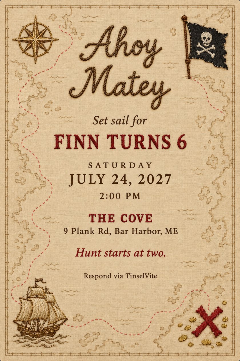 Pirate birthday invitation on tea-stained linen: a stitched treasure map with a red dotted route, compass rose, skull flag, ship and red X, headed Ahoy Matey, with the date and venue below.