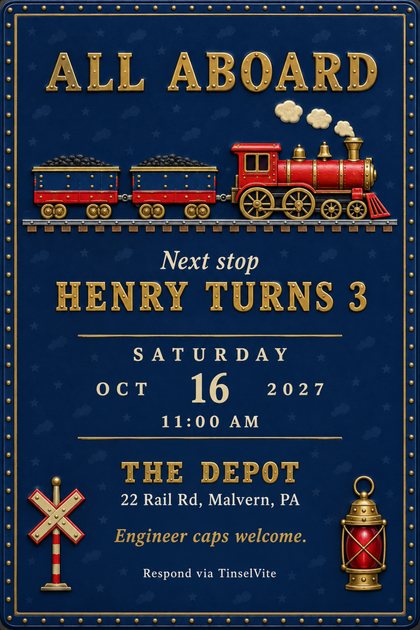 Navy birthday invitation in lithographed tin with a red and brass steam locomotive and two coal cars on a track, riveted gold lettering reading All Aboard, a crossbuck and lantern below.