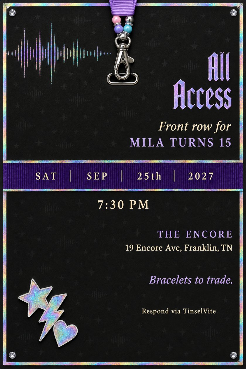 Black backstage pass birthday invitation with a lavender lanyard and chrome clip, holographic waveform, violet cloth date band and the title All Access in large lettering.