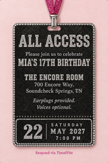 Black glitter pass edged in rhinestones on a hot pink glitter lanyard, blush background. Reads ALL ACCESS, Mia's 17th birthday, The Encore Room, and Saturday 22 May 2027 at 7:00 PM.