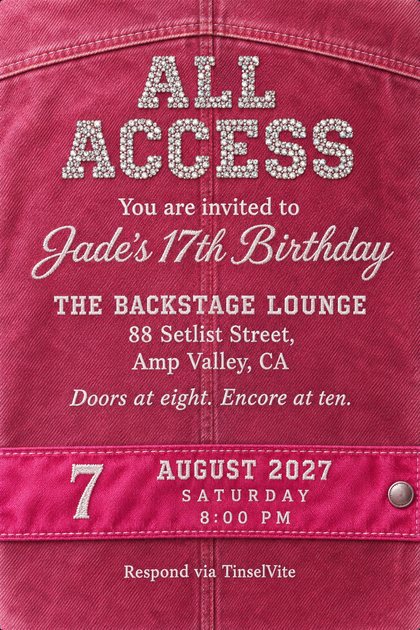 Back of a raspberry pink denim jacket with ALL ACCESS in rhinestones above white stitched script reading Jade's 17th Birthday, the venue, and a hot-pink denim band with the date.