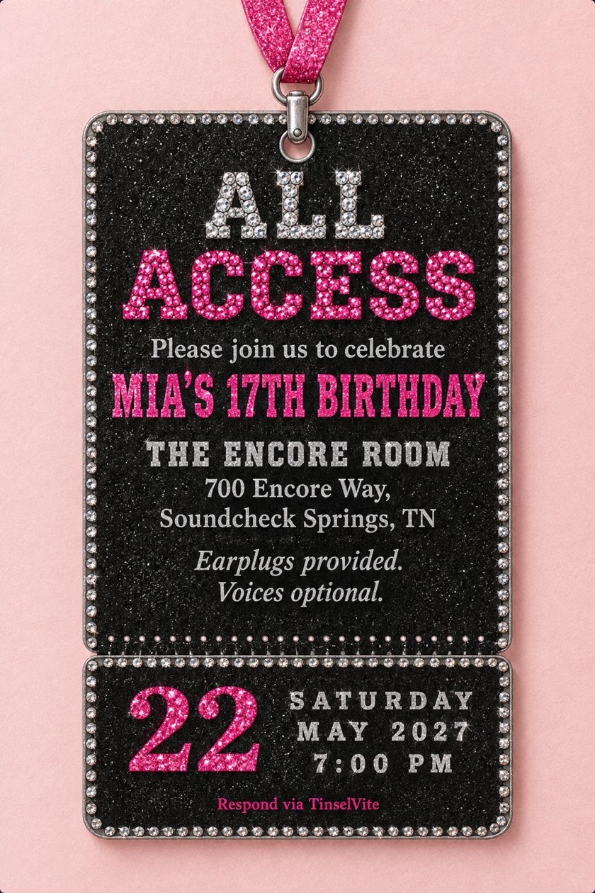 Black glitter backstage pass on a hot-pink glitter lanyard, edged in rhinestones, on blush pink. ALL ACCESS in gem letters, Mia's 17th birthday, Saturday May 22, 7:00 PM.