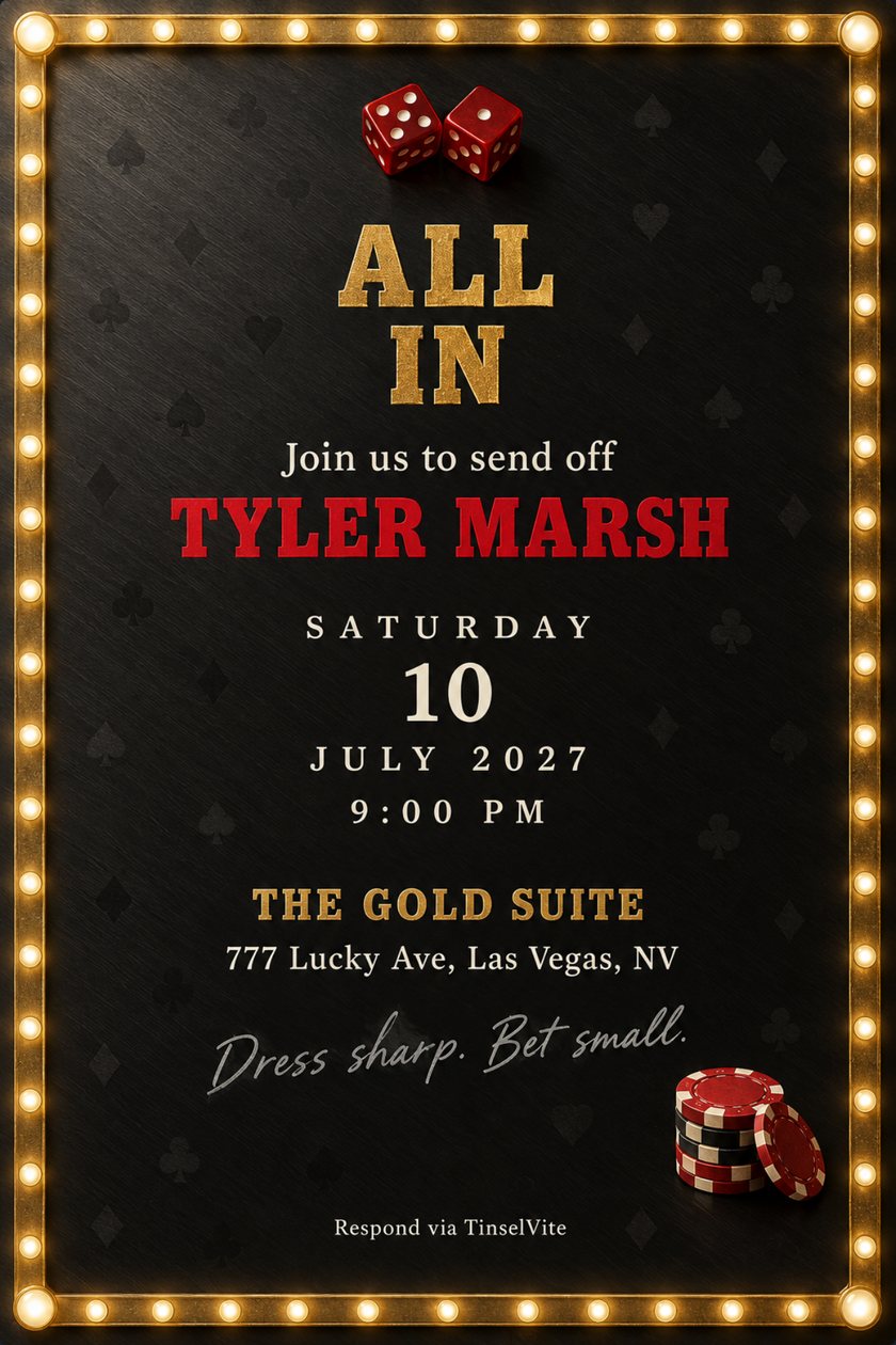 Bachelor party invitation: Black card with a gold marquee bulb border, red dice at the top, a stack of red and black poker chips at lower right, and gold ALL IN above a name in red, with the date and venue below.