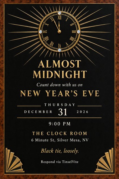 New Year's Eve party invitation on black lacquer with a gold Roman numeral clock near midnight, gold sunburst rays, walnut frame, and Almost Midnight in large letters.