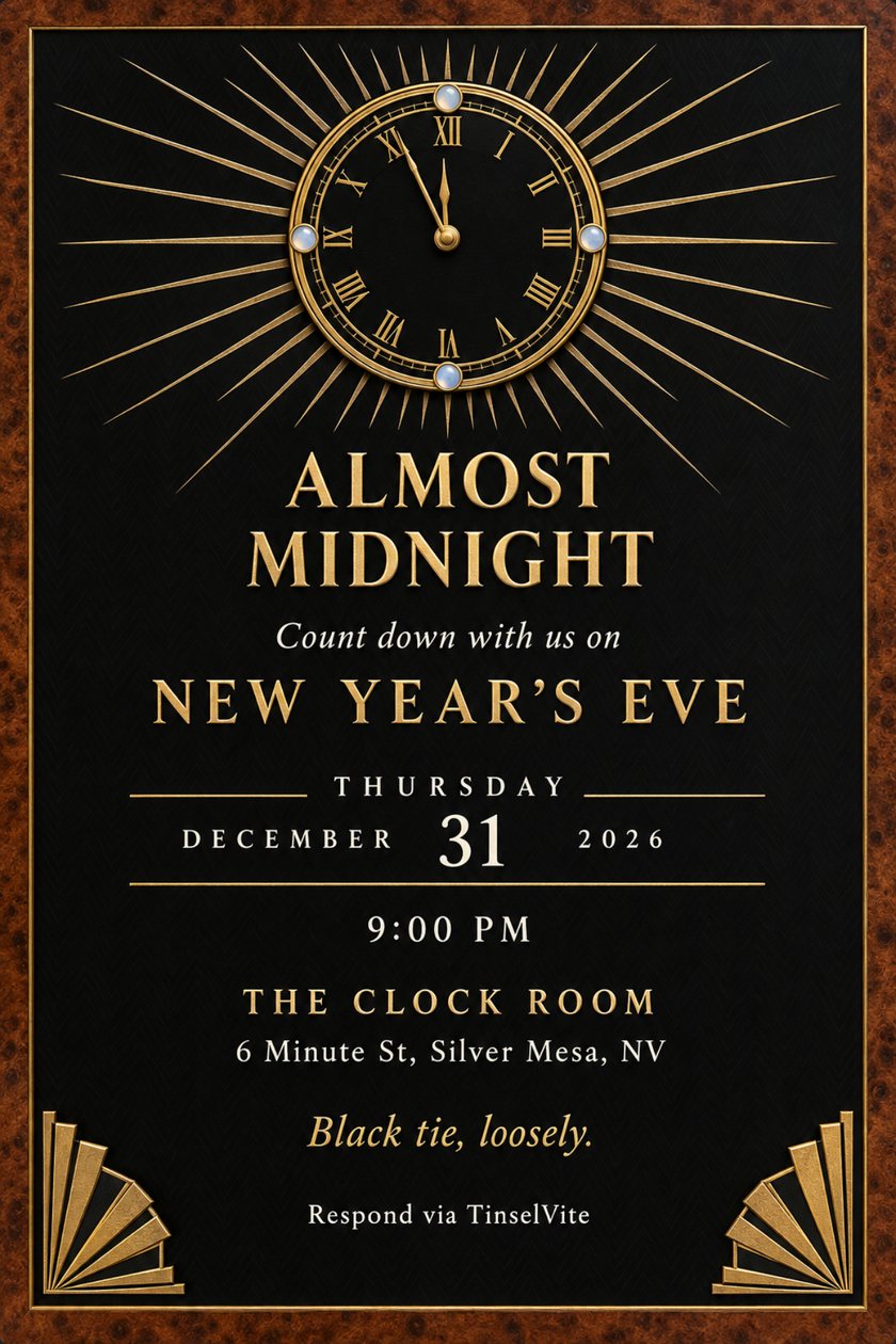 Holiday party invitation: New Year's Eve party invitation on black lacquer with a gold Roman numeral clock near midnight, gold sunburst rays, walnut frame, and Almost Midnight in large letters.