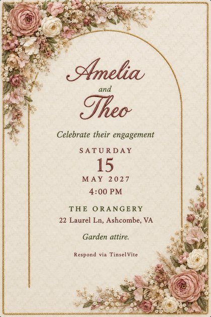 Engagement invitation on ivory silk with a gold cord arch, blush and cream embroidered roses in two corners, and the names Amelia and Theo in red script, with the date and venue below.