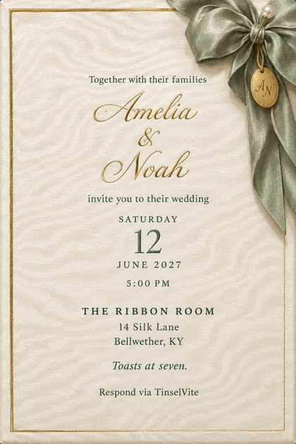 Ivory silk moire card with a thin gold border. Gold script reads Amelia & Noah. A large dusty sage bow with a pearl pin and a gold monogram tag sits at the top right, with the date and venue below.
