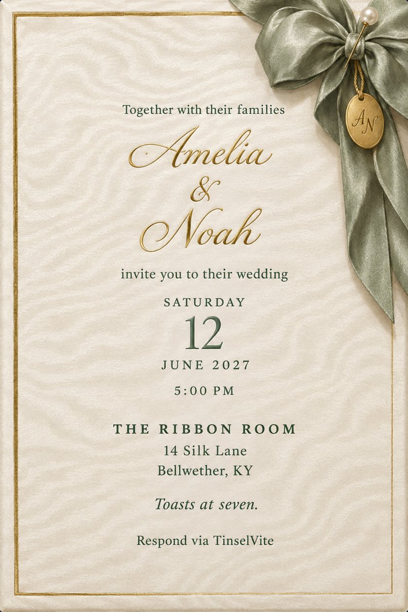 Ivory silk moire card with a thin gold border. Gold script reads Amelia & Noah. A large dusty sage bow with a pearl pin and a gold monogram tag sits at the top right, with the date and venue below.