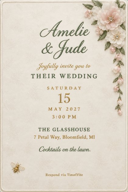 Cream embroidered wedding invitation with blush and white flowers and sage leaves in the top right corner, a small gold bee, and Amelie & Jude in green script above the date and venue.