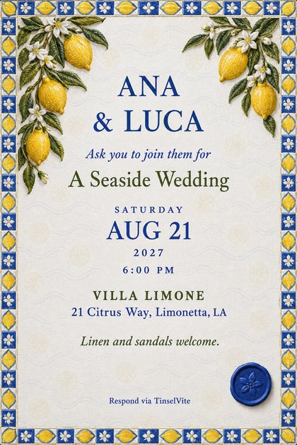 Wedding invitation on linen with a blue and white tile border, embroidered lemon branches in the top corners, a blue wax seal, and the couple's names in large blue capitals.
