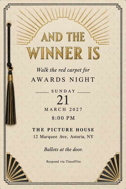 Art deco awards night watch party invitation on ivory cotton card with a gold foil sunburst, a black silk tassel at left, and the title And the Winner Is, date and venue below.