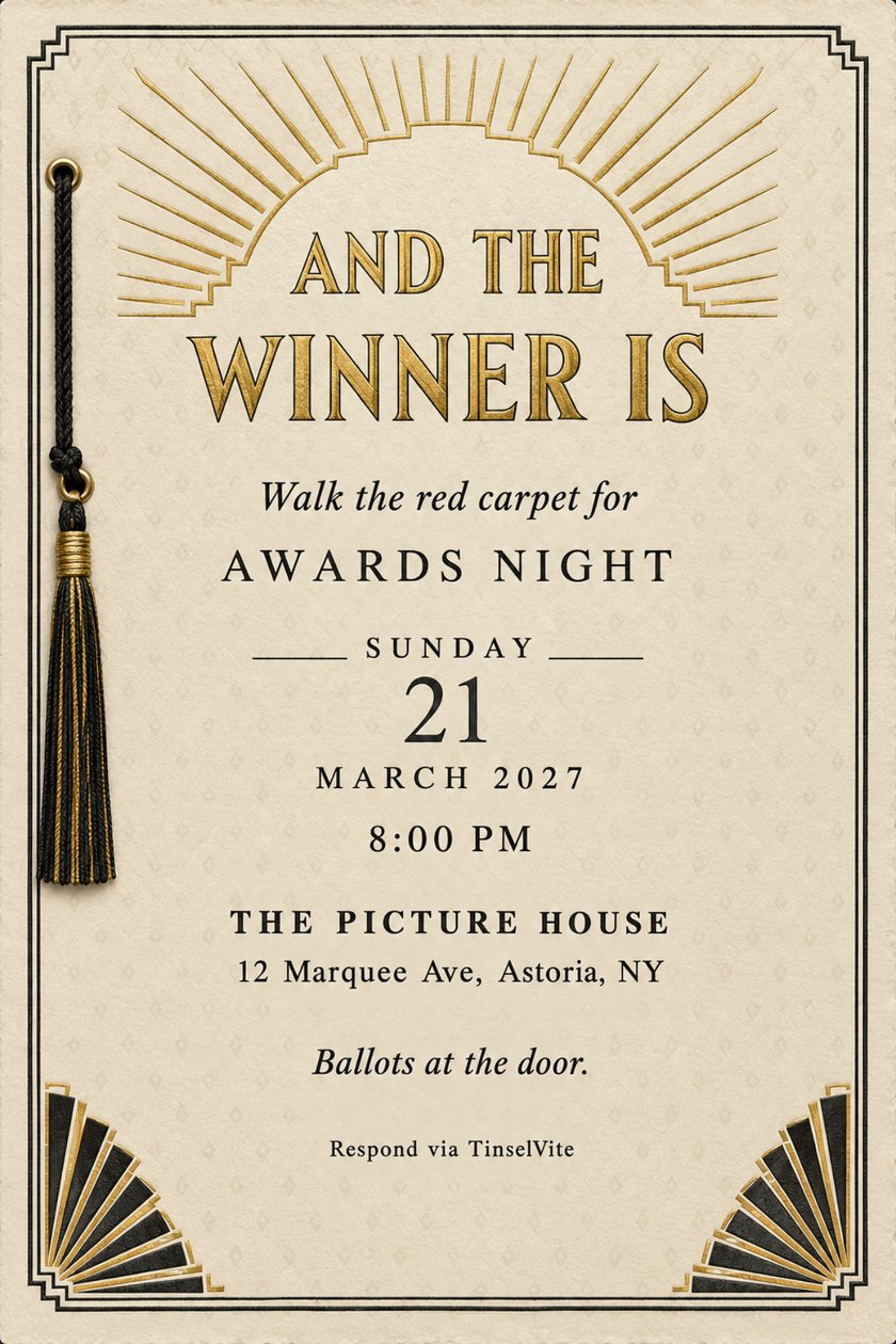 Art deco awards night watch party invitation on ivory cotton card with a gold foil sunburst, a black silk tassel at left, and the title And the Winner Is, date and venue below.