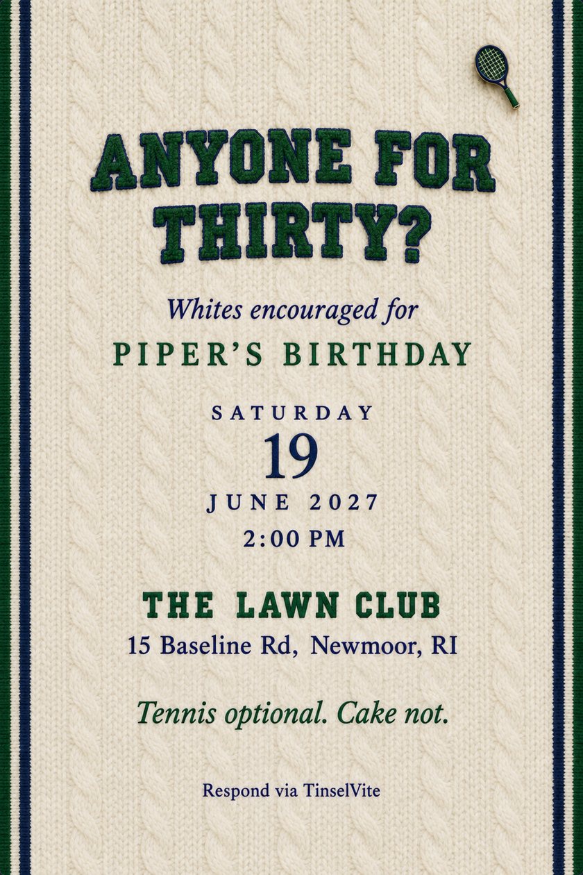 Cream cable-knit birthday invitation with green chenille letters reading Anyone for Thirty?, a tennis racket enamel pin, navy and green striped edges, and the date and venue below.