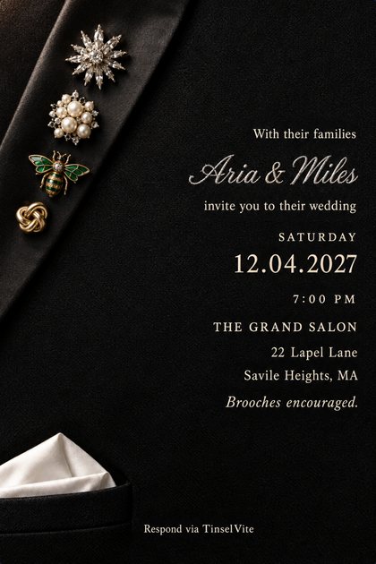 Black tuxedo jacket, satin lapel pinned with a crystal starburst, pearl cluster, green enamel bee and gold knot brooch. White pocket square. Silver script 'Aria & Miles' with date and venue below.