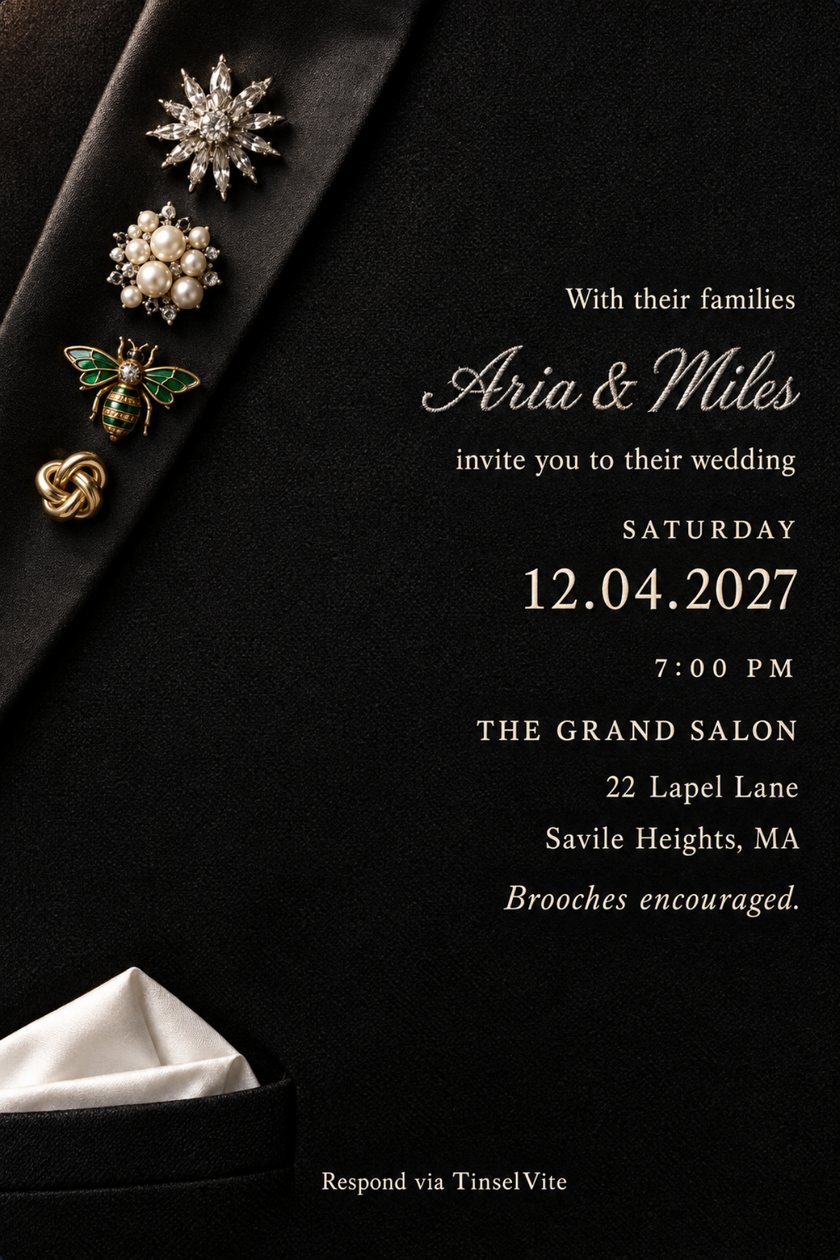 Wedding invitation: Black tuxedo jacket, satin lapel pinned with a crystal starburst, pearl cluster, green enamel bee and gold knot brooch. White pocket square. Silver script 'Aria & Miles' with date and venue below.