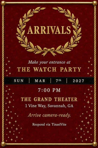 Awards watch party invitation: red velvet carpet runner with a gold laurel wreath around the word ARRIVALS, rope and brass rail border, date and venue below.