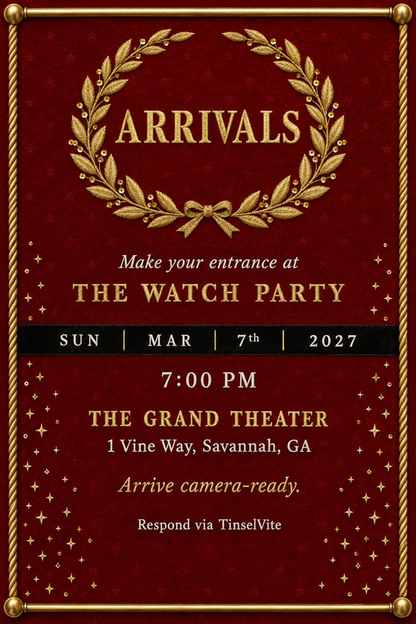Awards watch party invitation: red velvet carpet runner with a gold laurel wreath around the word ARRIVALS, rope and brass rail border, date and venue below.
