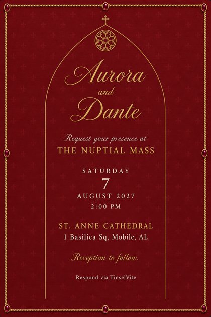 Wedding invitation on deep red silk with a gold cathedral arch, rose window and cross above large gold script names, with the date and venue below.