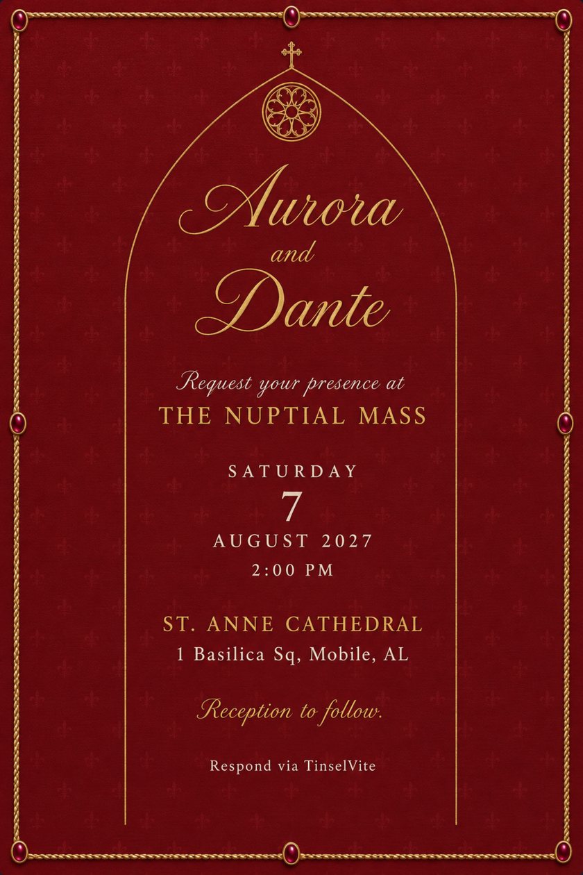 Wedding invitation on deep red silk with a gold cathedral arch, rose window and cross above large gold script names, with the date and venue below.