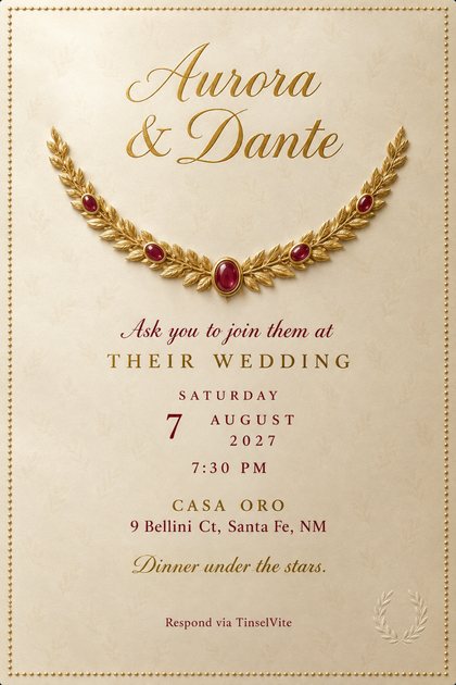 Ivory satin wedding invitation with a curved gold laurel leaf collar set with five rubies, gold script names above, and the date and venue below, inside a beaded gold border.