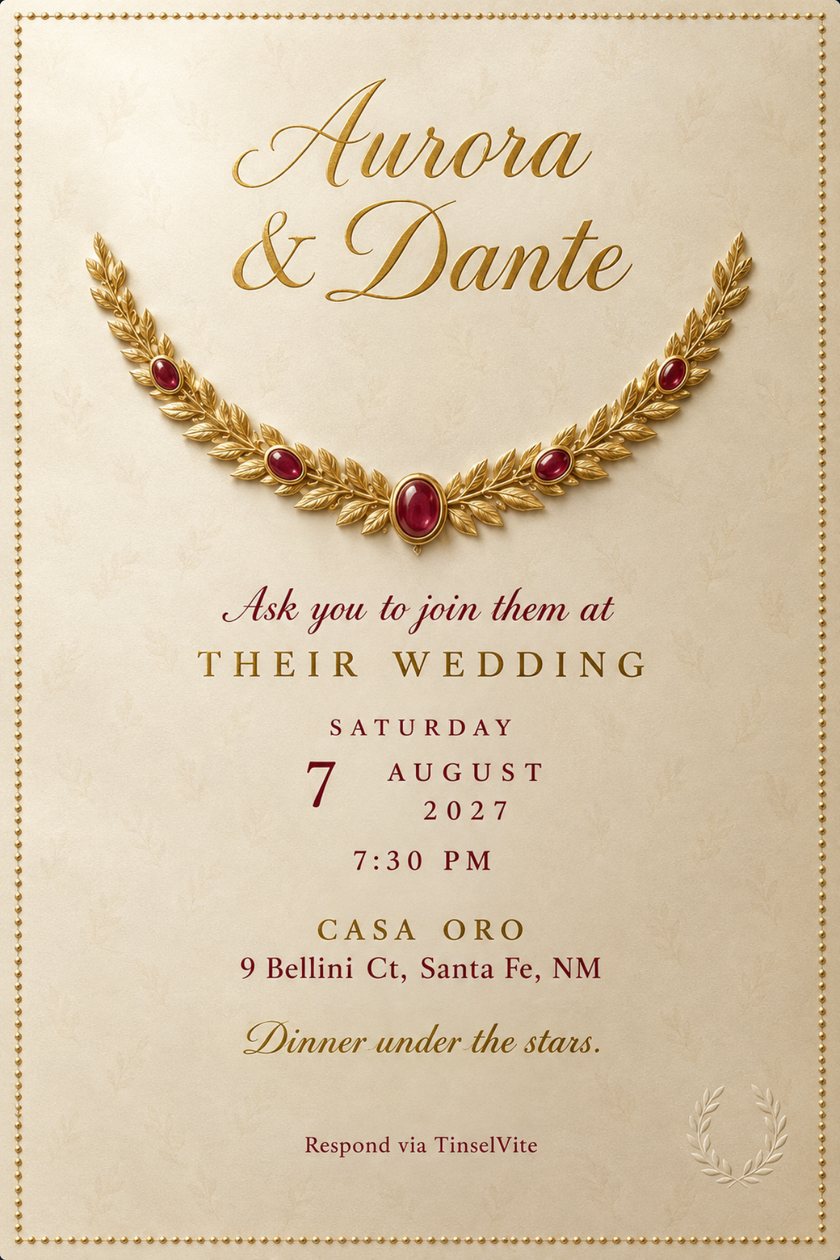Ivory satin wedding invitation with a curved gold laurel leaf collar set with five rubies, gold script names above, and the date and venue below, inside a beaded gold border.