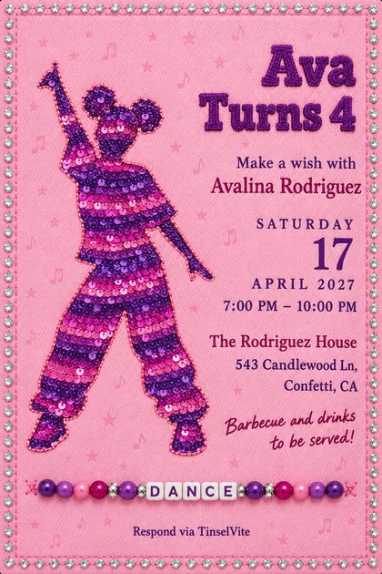 Birthday invitation on pink twill with a sequined dancing girl in purple and pink, a rhinestone border, a DANCE letter bead bracelet, a stitched purple title and the date and venue below.
