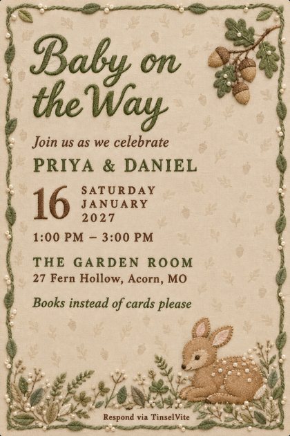 Woodland baby shower invitation in embroidered sage green script reading Baby on the Way, with an oak branch and acorns, a felt fawn among ferns, and the date and venue below.