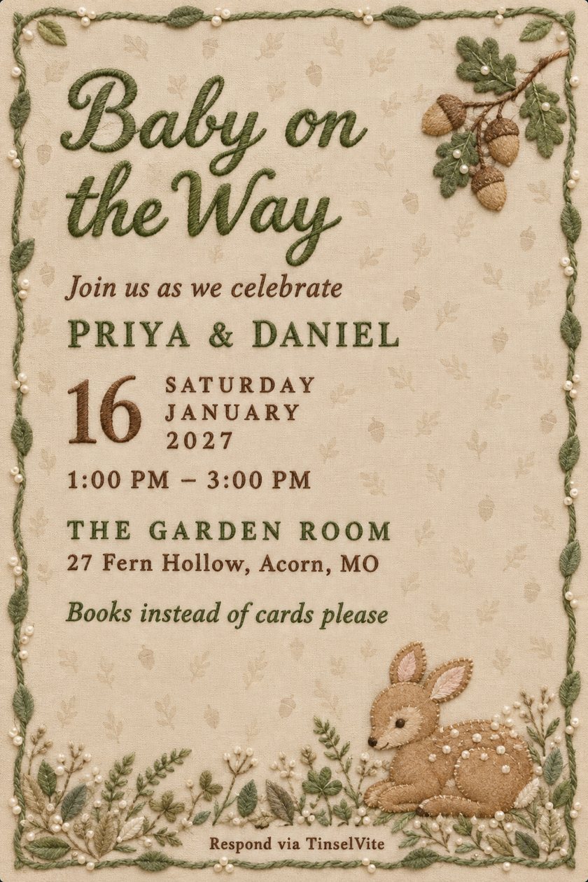 Woodland baby shower invitation in embroidered sage green script reading Baby on the Way, with an oak branch and acorns, a felt fawn among ferns, and the date and venue below.