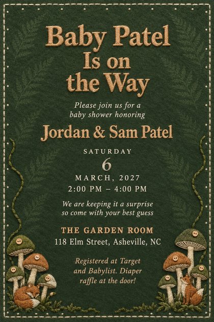 Baby shower invitation on dark green felt with embroidered button-top mushrooms and two foxes in the lower corners, ferns behind, and the heading Baby Patel Is on the Way.