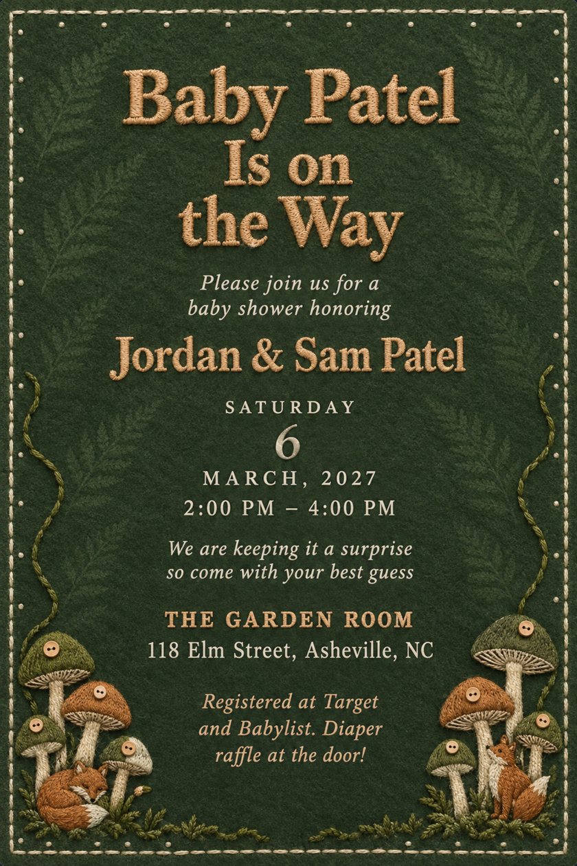 Baby shower invitation on dark green felt with embroidered button-top mushrooms and two foxes in the lower corners, ferns behind, and the heading Baby Patel Is on the Way.
