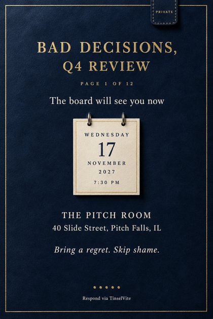 Deep navy card with a thin gold frame and a small stitched tab marked PRIVATE. Gold foil capitals read BAD DECISIONS, Q4 REVIEW above an ivory calendar tile on silver rings, with the date and venue below.