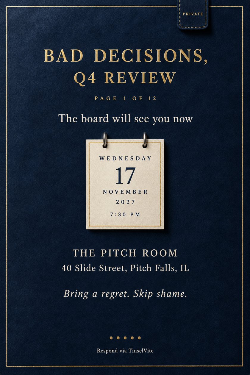 Just because invitation: Deep navy card with a thin gold frame and a small stitched tab marked PRIVATE. Gold foil capitals read BAD DECISIONS, Q4 REVIEW above an ivory calendar tile on silver rings, with the date and venue below.